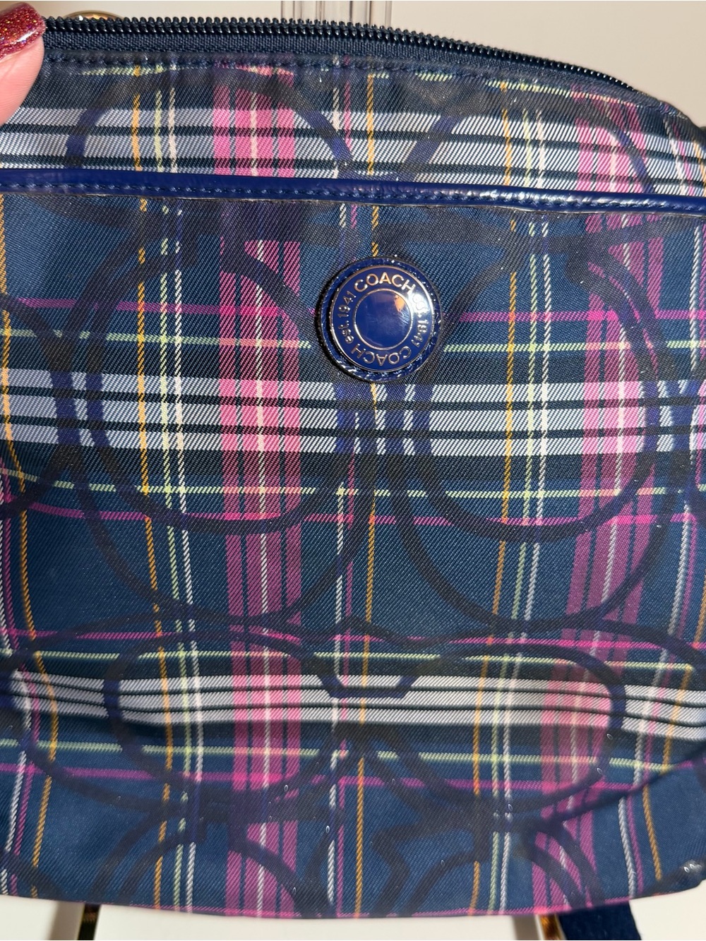 Coach Poppy Tartan Plaid Signature Crossbody Bag Navy Pink
